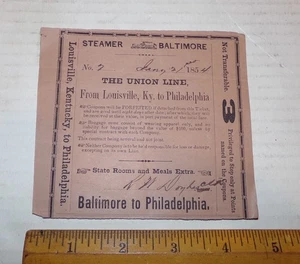 1854 DAMPFER BALTIMORE DIE UNION LINE Ticket vor dem Bürgerkrieg Louisville nach Phila. - Bild 1 von 6