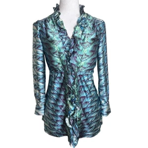 Blusa Roberto Cavalli Y2K Seda Volantes iT 40 De Colección Lux Estampado Plumas Hecha en Italia - Imagen 1 de 18