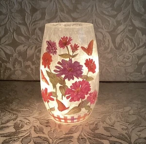 Stony Creek Frosted Glass 5.25" Lighted Vase  - Zinnias & Butterflies - NEW - Picture 1 of 3