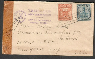 Guatemala Segunda Guerra Mundial Cubierta de censor San Marcos a Fundación Americana para Ciegos NY Foto 1 de 2
