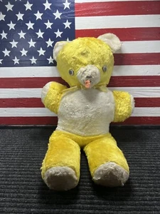 Vintage Teddybär mit Schleife Googly Eyes 26" H gelb mit weißem Patch steif - Bild 1 von 9