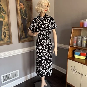 Vintage 80s Shirtwaist Dress Abstract Floral Op Art B&W M/L - Picture 1 of 7