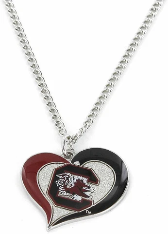 South Carolina Gamecocks Logo NCAA Heart Swirl Charm Silver Pendant 20" Necklace Cover