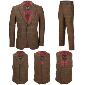Mens 3 Piece Oak Brown Tweed Check Suit Blazer Waistcoat Trouser Sold Separately - Picture 1 of 25