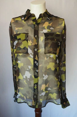 DORA LANDA 100% 真丝雪纺衬衫透明全新迷彩迷彩 XS 码 — 第 1/4 张图片