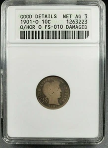 1901 O/O moneda de diez centavos de plata barbero variedad ANACS AG detalles FS-010 RPM FS-501 - Imagen 1 de 4