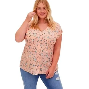Peach Top Torrid 1X Pintuck Pleat Blouse Button Front Floral V-Neck Dolman NEW - Picture 1 of 11