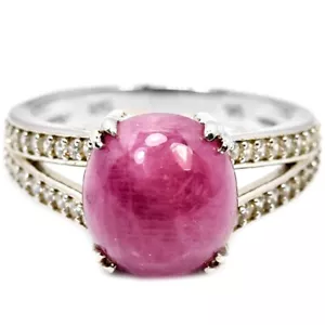 ANELLO ARGENTO 925 NATURALE ROSA ROSSO RUBINO OVALE CABOCHON E ZIRCONI BIANCHI MISURA 7 - Foto 1 di 6