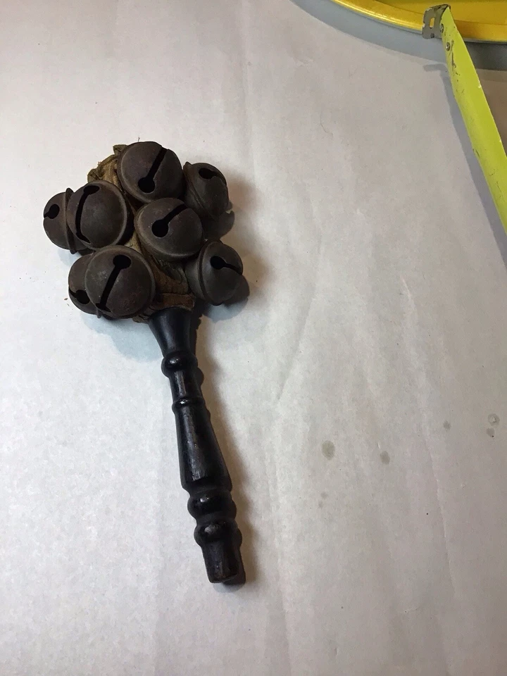 Antique Christmas Victorian Wood & Leather Jingle Bells Primitive Baby Rattle - Image 1 of 4