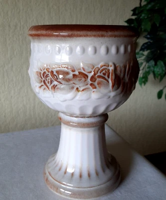 Alter Scheurich Blumenübertopf Keramik Pokal Fuß Beige Braun 706-23 Höhe: 23 cm - Bild 1 von 4