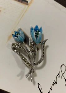 Vintage Blue Enamel Marcasite Flower Brooch Pin Rhodium Plated - Picture 1 of 13