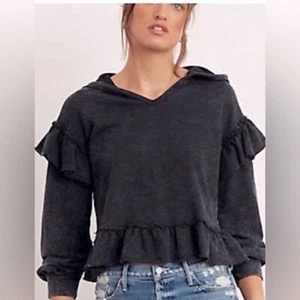 Anthropologie Kapuzenpullover Rüschensaum & Arme V-Ausschnitt extreme Waschung anthrazit neu ohne Etikett Größe M. - Bild 1 von 13