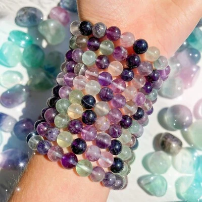 Natural Rainbow Fluorite Crystal Bracelet 8mm Fluorite Beads Stretch Bracelet - Image 1 of 3