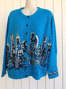 DESIGN OPTIONS Philip & Jane Gordon City Scape Skyline Lights Sweater Blue XL - Picture 1 of 12