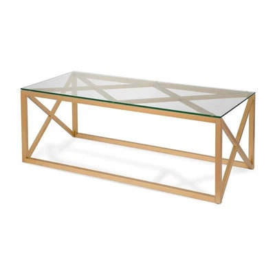 Henn&Hart 17" Art Deco Metal Brass Finish Coffee Table with Glass Top - Image 1 of 4