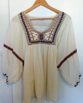 Max Studio Shirt Large Elfenbein Boho Bauern bestickt Tunika Bluse Baumwolle Indien - Bild 1 von 4