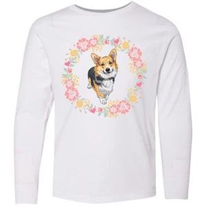Inktastic Corgi Wreath For Dog Lovers Youth Long Sleeve T-Shirt Puppy Pets Tee - Picture 1 of 4
