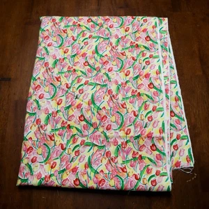 Floral Tulip Fabric Remnant Cotton 1 1/2+ Yards Pink Green Yellow Cottagecore - Picture 1 of 4