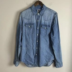 GAP Mens Blue Denim Pearl Snap Button Long Sleeve Shirt Size M Slim Fit Western - Picture 1 of 9