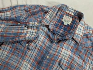 Lucky Brand Shirt Mens L Blue Red Flannel Pearl Snap Western Plaid Classic Fit - Picture 1 of 10