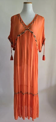 Soft Surroundings Womens Orange Tassel V-Neck Beaded Maxi Dress Size M - Image 1 of 4