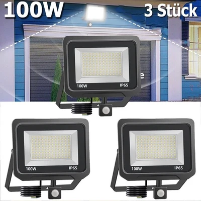 3x 100W LED Fluter Mit Bewegungsmelder Außen Strahler Scheinwerfer Kaltweiß IP65 - Bild 1 von 4