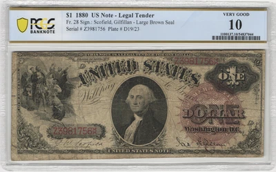 Billete de 1 dólar de licitación legal Fr.28 1880 PCGS muy bueno 10 Foto 1 de 2
