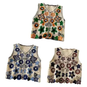Women Hollow Crochet Knit Vest Waistcoat Beaded Floral Button Crop Cardigan Top - Picture 1 of 11