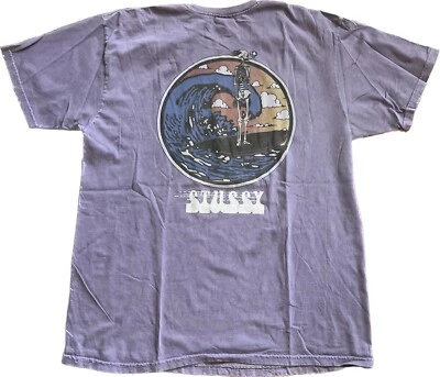 Stussy Skeleton Smoking Surfing Waves Graphic Tee Shirt Men’s L Purple RARE EUC - Image 1 of 4