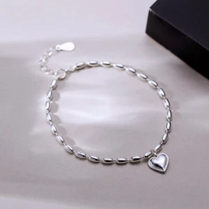 Damen ECHT S925 Sterling Silber Liebe Herz Perle Oval Kette Armband Armreif - Bild 1 von 5