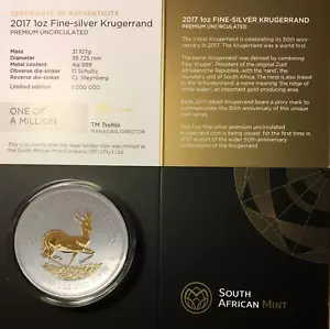 2017 Gilded Silver Krugerrand 1Oz .999 50th Anniversary Edition - Picture 1 of 4