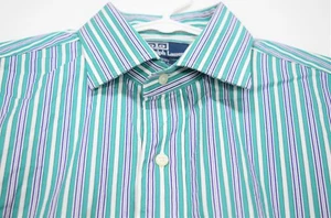 Polo Ralph Lauren Regent Blue Green Striped Dress Shirt Size 17 XL Classic Fit - Picture 1 of 9