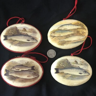 复古乡村钓鱼圣诞装饰品民间艺术 4 件套 — 第 1/2 张图片