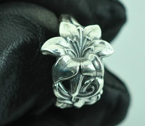 Solid 925 Sterling Silver Lily Flower Floral Adjustable Spoon Ring - Picture 1 of 6