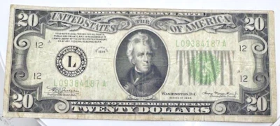 1934 $ 20 (Twenty Dollars)  Green Seal FEDERAL RESERVE NOTE Serial L 09384187 A - Image 1 of 2