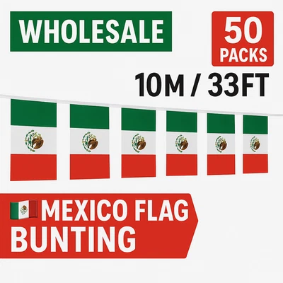 50 Packs 🇲🇽 Wholesale Mexico Flag Bunting – 10M / 33FT | World Cup 2026 Décor - Image 1 of 4