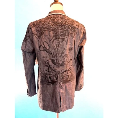 NUEVO CON ETIQUETAS Artful Dodger Esqueleto Blazer Gráfico Bordado Denim Chaqueta RTL 198.00 M Foto 1 de 4