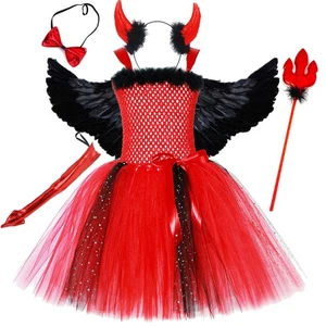 Kids Girls Little Devil Halloween Cosplay Costume Set Sequins Puffy Dress - Picture 1 of 18