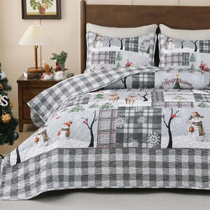 Christmas Quilt Set Queen 3 Pieces - Rustic Patchwork Quilt Bedding Set Reversib - Picture 1 of 12
