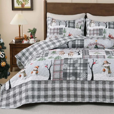 Christmas Quilt Set Queen 3 Pieces - Rustic Patchwork Quilt Bedding Set Reversib - Image 1 of 4
