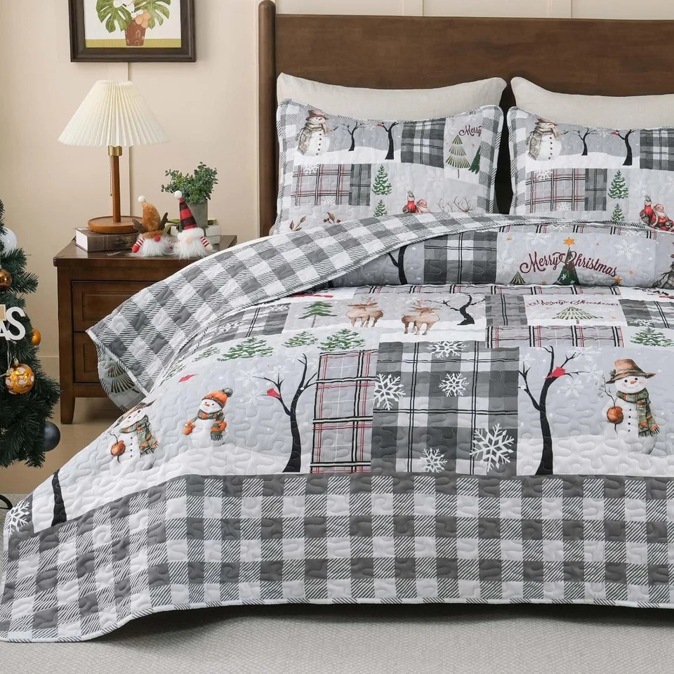 Christmas Quilt Set Queen 3 Pieces - Rustic Patchwork Quilt Bedding Set Reversib - Image 1 of 4