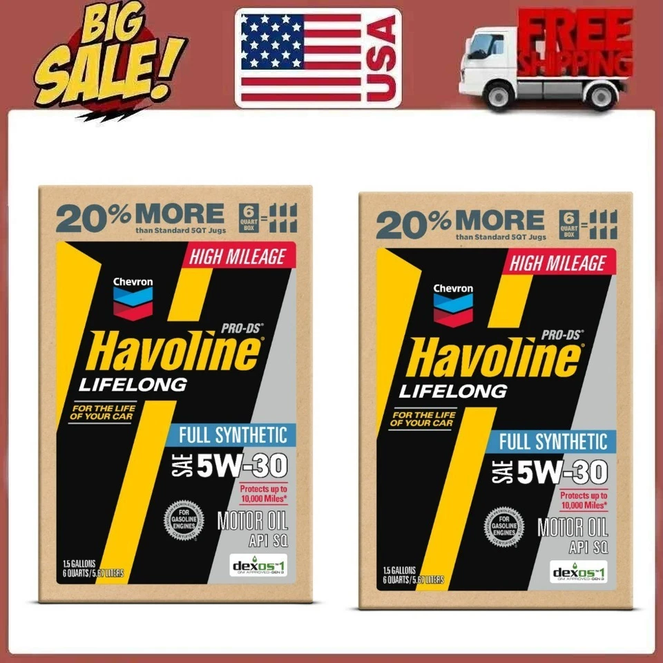 Paquete de 2 aceites de motor totalmente sintéticos Chevron Havoline de por vida 5W-30, 6 cuartos de galón Foto 1 de 4