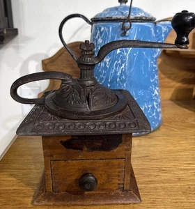 Antique  Coffee Grinder Mill Cast Iron Dovetail Ornate Rustic Farmhouse Country - Picture 1 of 14