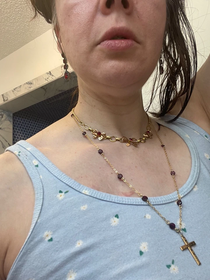 gold chain with garnets and and gold cross gold filled bows with rubies necklace - Image 1 of 4