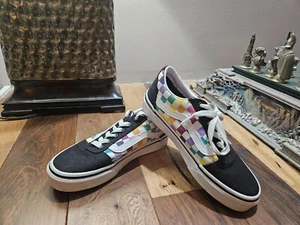 VANS Old Skool Checkered Black/Rainbow Sz1.0 Kids Low-Top Skate Sneakers - Picture 1 of 4