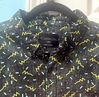 ¡Nueva Camisa Para Hombre Estampado Geométrico Carbono Negro Amarillo Algodón Botones Talla L! Foto 1 de 4