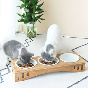3 Bowls Pet Dog Cat Feeder Bowls Bamboo Ceramic Food Water Elevated Stand Dish