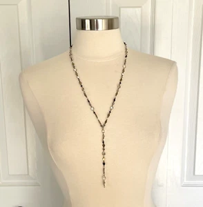 LOFT Dainty Long 24" Y-Drop Smoky Crystal Bead Gold Tone Necklace - Picture 1 of 10