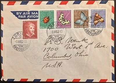 Suiza 1952 #B217-222 completa en cubierta a EE. UU.; insecto, mariposa *d Foto 1 de 2