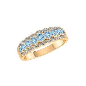 Aquamarine & Diamond Double Row Solid 14K Gold March Birthstone Ring #1006 - Picture 1 of 22